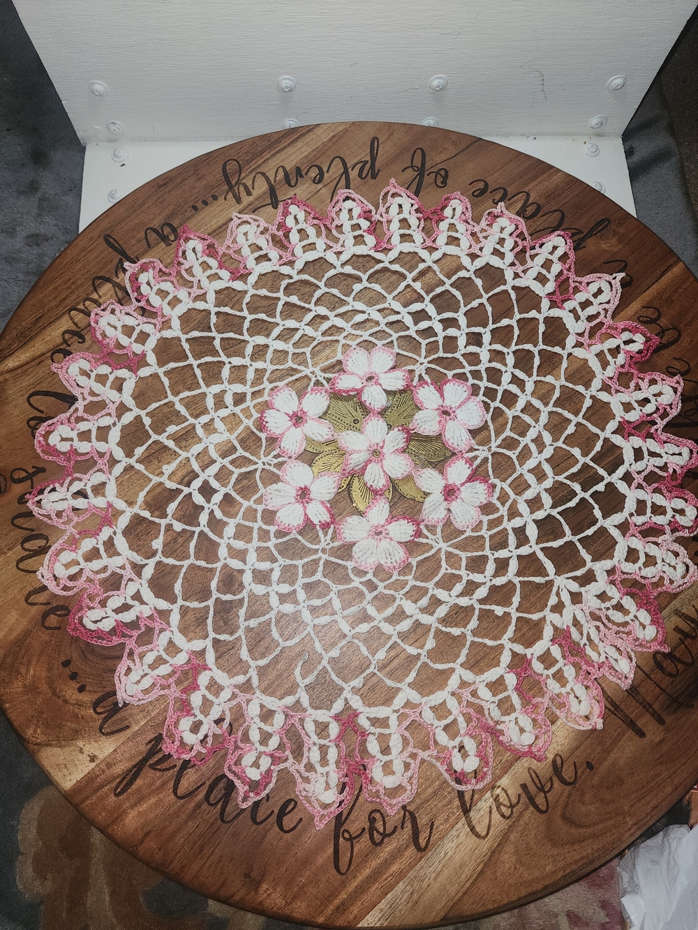 Hand Crafted White and Pink Crocheted Floral Doily